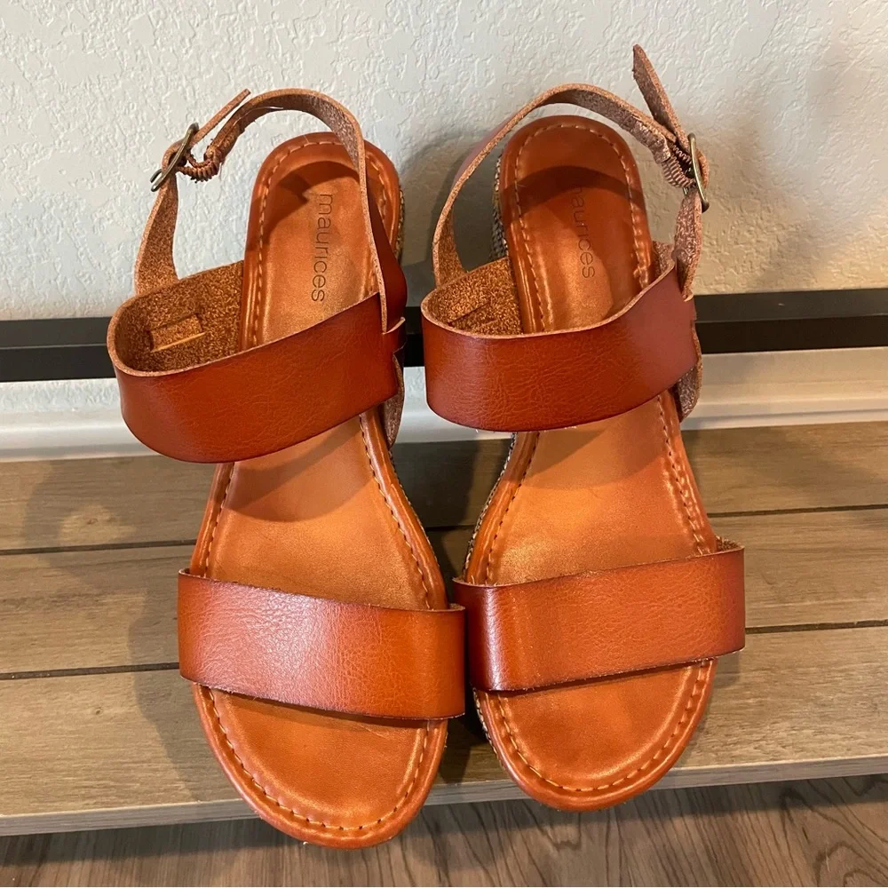 Maurices Wedge Sandals 7.5 Tan Strappy Platform Espadrille Boho Summer - Picture 3 of 14